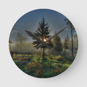Horse Ranch Sunrise Nature Photo Round Clock