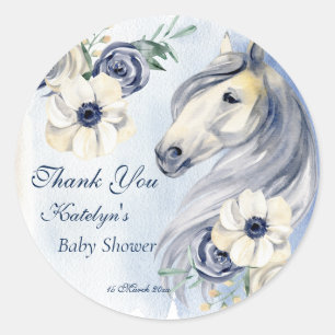 Horse ranch watercolor flowers baby shower thank  classic round sticker