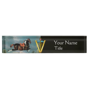 HORSE REARING "GOLD CADUCEUS VETERINARY SYMBOL NAMEPLATE