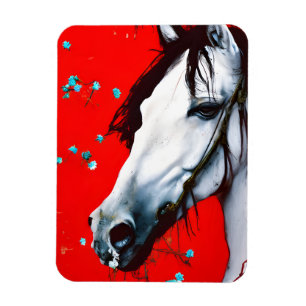 Horse Red Background Blue Flowers Magnet
