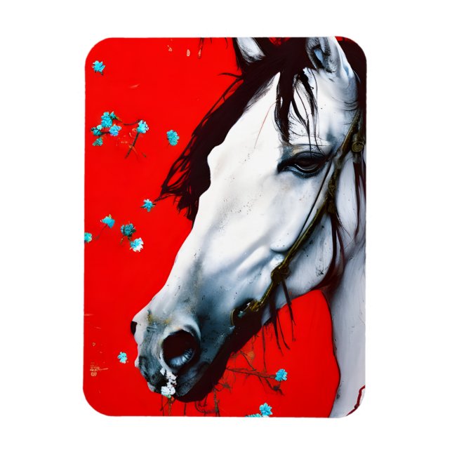 Horse Red Background Blue Flowers Magnet (Vertical)