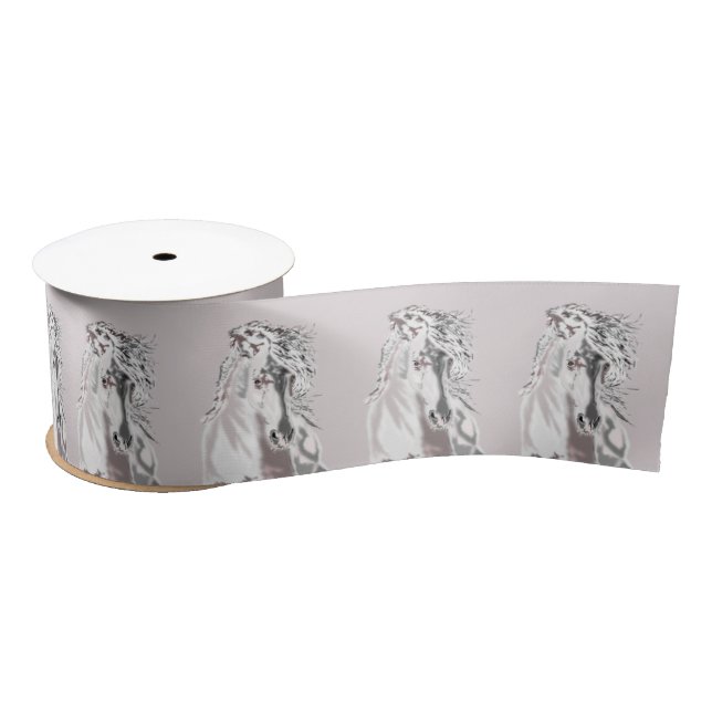 Horse Ribbon Running White Horses Satin Ribbon (Spool)