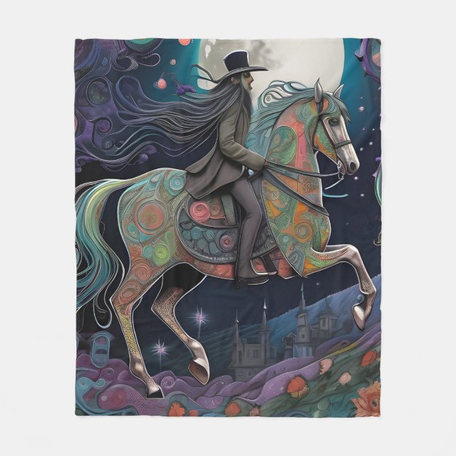 Horse Ride at Midnight on a Full Moon Night Fleece Blanket (Front)
