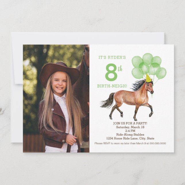 Horse Ride birthday Photo invitation Green (Front)