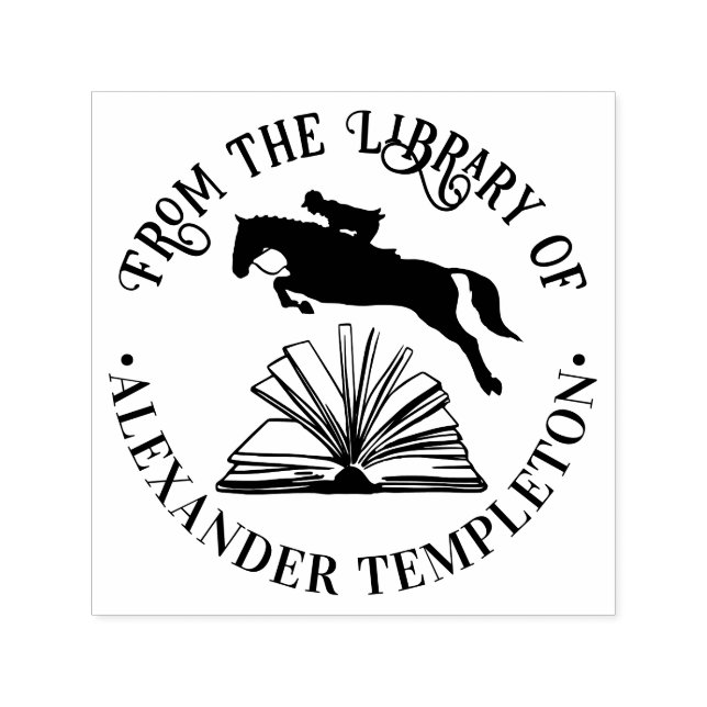 Horse & Rider Jumping Over Open Book Library Name Self-inking Stamp (Design)