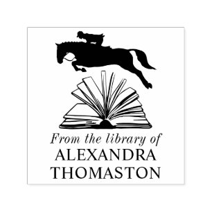 Horse Rider Jumping Over Open Book SQ Library Name Self-inking Stamp