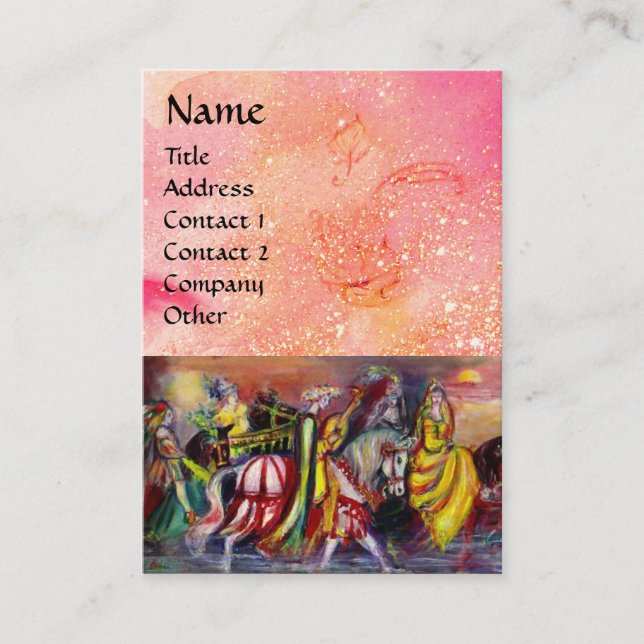 HORSE RIDERS IN NIGHT bright pink,gold sparkles Business Card (Front)