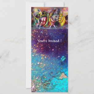 HORSE RIDERS ,MUSIC IN NIGHT, Gold Blue Gparkles Invitation