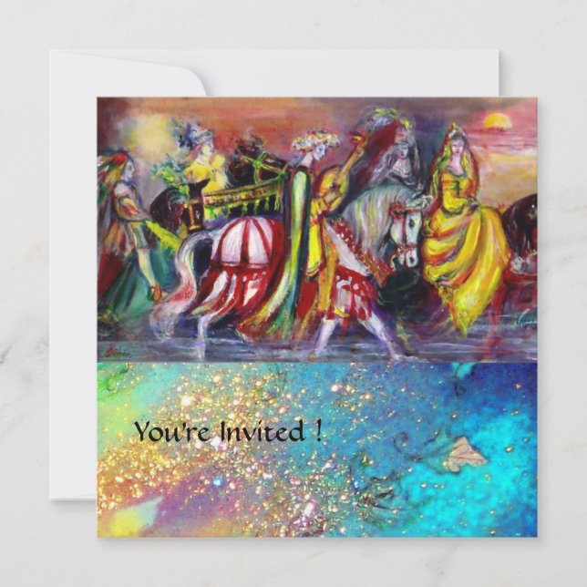 HORSE RIDERS ,MUSIC IN NIGHT, Gold Blue Gparkles Invitation (Front)