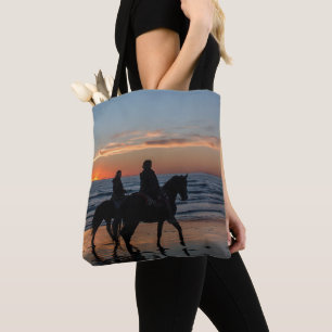 Horse Riding Couple On Beach At Sunset Tote Bag