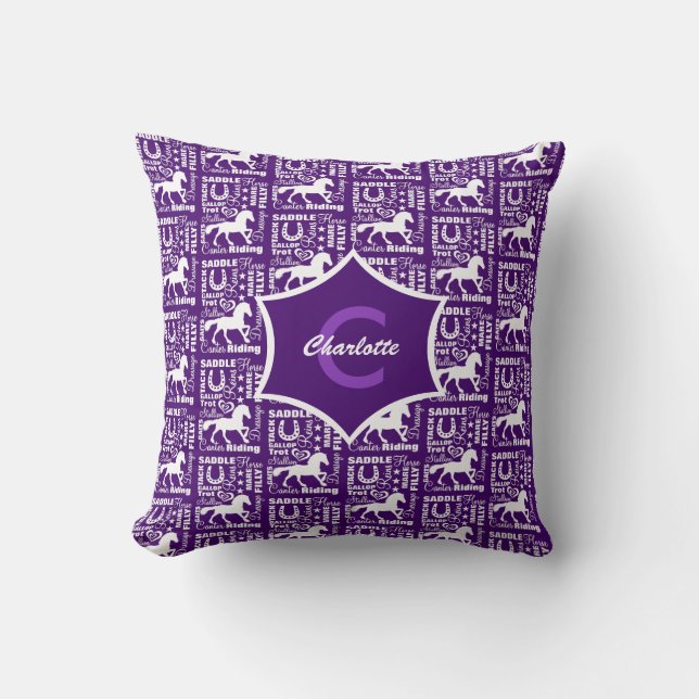 Horse Riding Equine Theme Cute Girly Purple White Cushion (Front)
