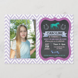 Horse Riding Photo Pony Purple Invitation Invite