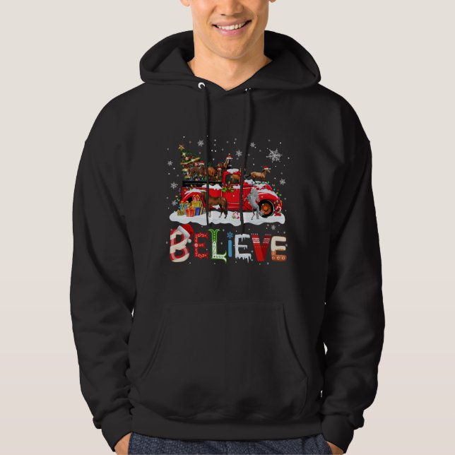 Horse Riding Red Truck Christmas Tree Believe Sant Hoodie (Front)