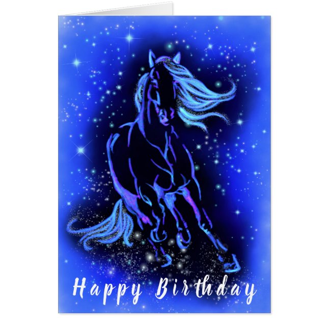 Horse Running At Moonlight Blue Starry Night Card (Front)