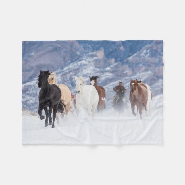 Horse Running Through the Snow Fleece Blanket (Front (Horizontal))