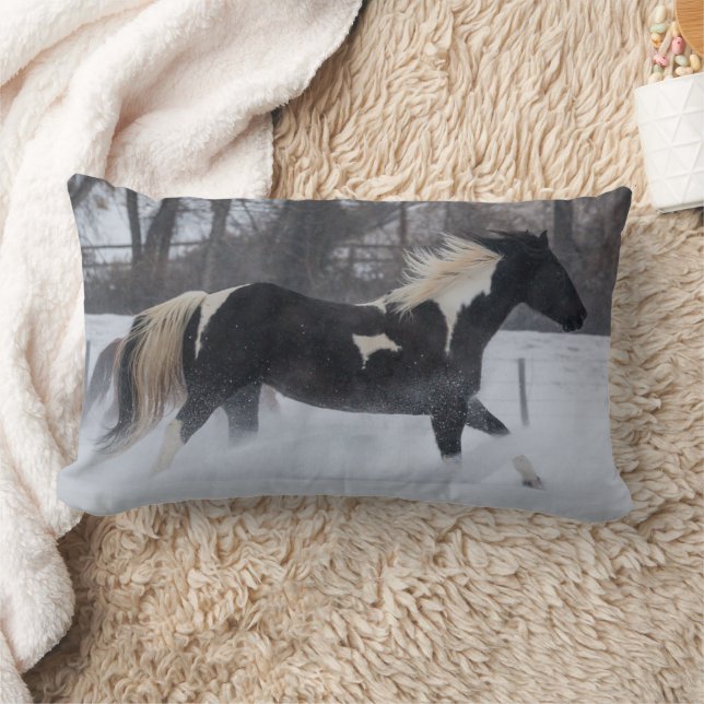 Horse Running Through the Snow Lumbar Cushion (Blanket)