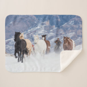 Horse Running Through the Snow Sherpa Blanket