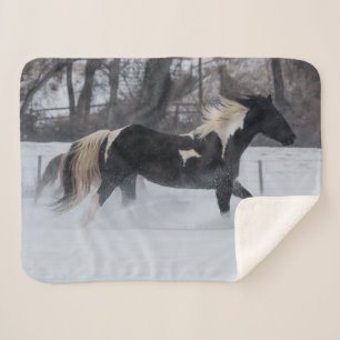 Horse Running Through the Snow Sherpa Blanket