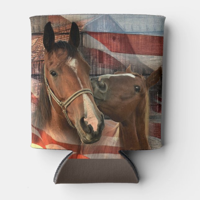 Horse Rustic Barn American Flag Can Cooler (Front)