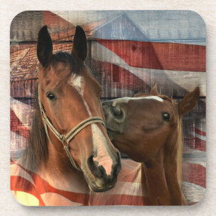 Horse Rustic Barn American Flag Coaster