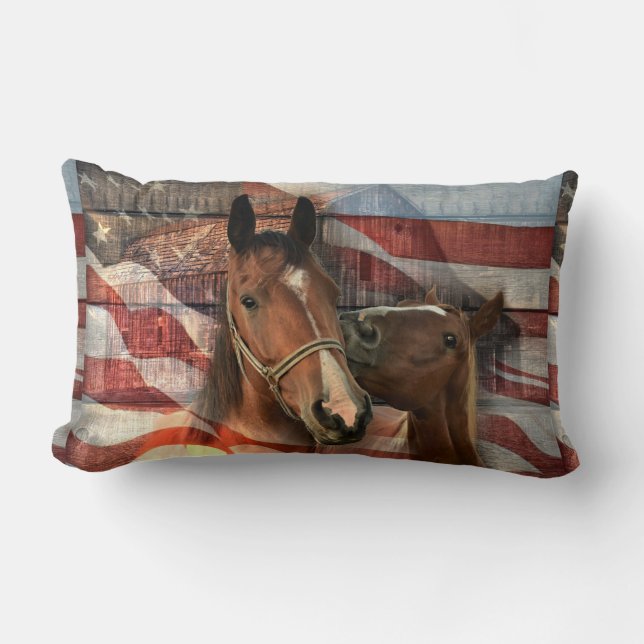 Horse Rustic Barn American Flag Lumbar Cushion (Front)