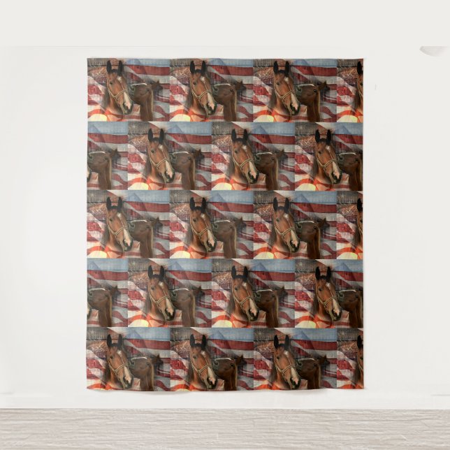 Horse Rustic Barn American Flag Tapestry (Front)