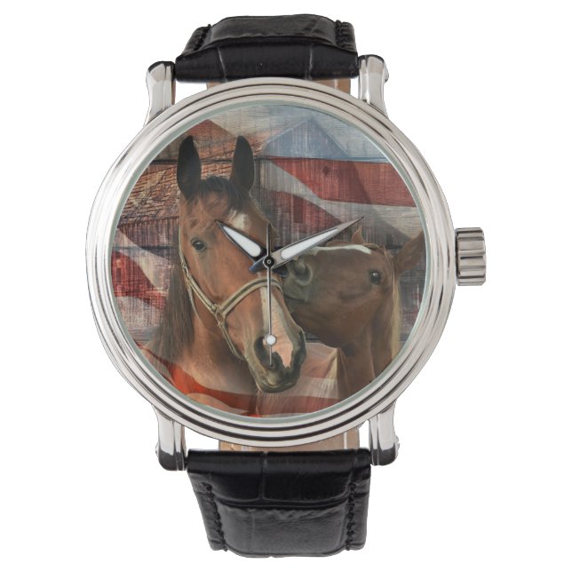 Horse Rustic Barn American Flag Watch (Front)