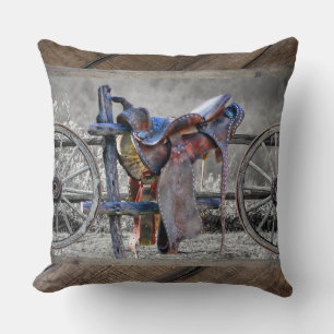 Horse Saddle Corral Fence Western Wagon Wheels Cushion