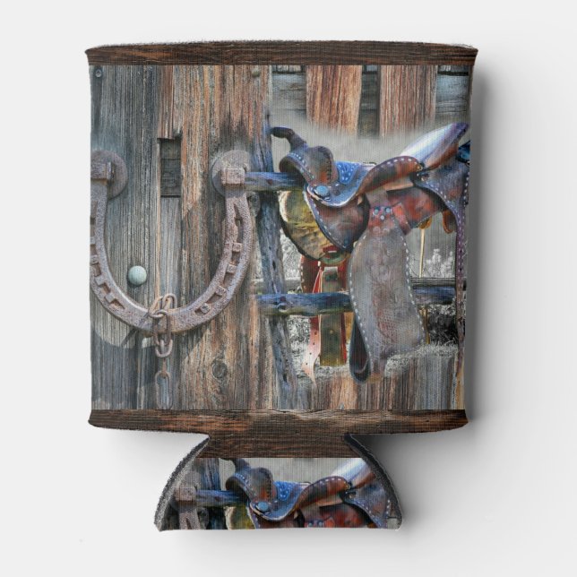 Horse Saddle Horseshoe Rustic Western Can Cooler (Front)