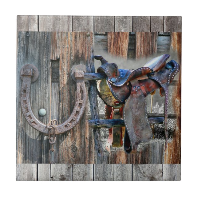 Horse Saddle Horseshoe Rustic Western Ceramic Tile (Front)