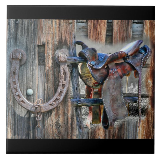 Horse Saddle Horseshoe Rustic Western Ceramic Tile (Front)