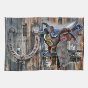 Horse Saddle Horseshoe Rustic Western Tea Towel