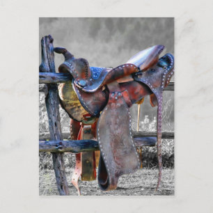 Horse Saddle On Corral Fence Western Announcement Postcard