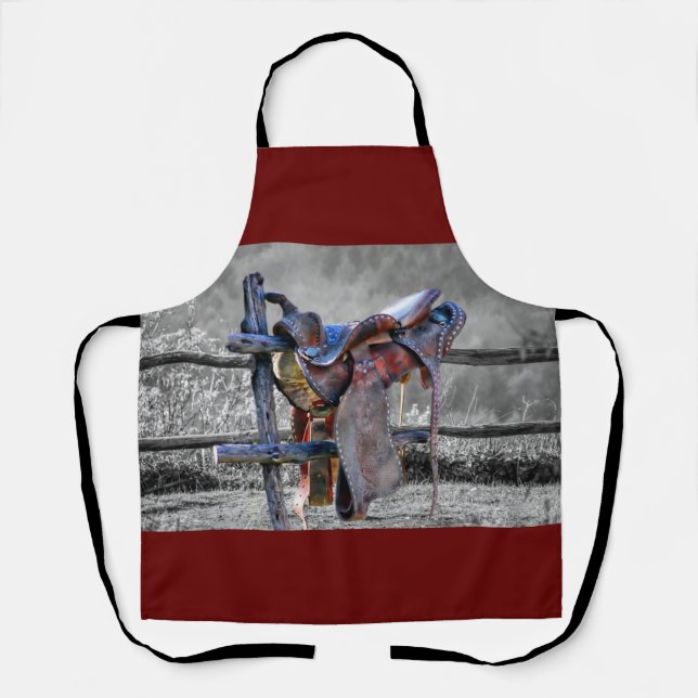 Horse Saddle On Corral Fence Western Apron (Front)