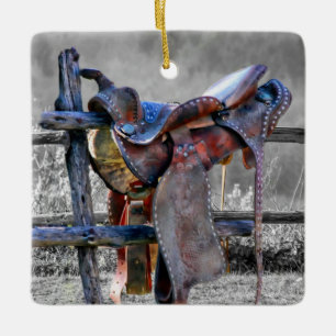 Horse Saddle On Corral Fence Western Ceramic Ornament