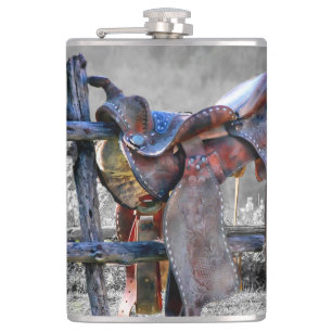 Horse Saddle On Corral Fence Western Flask