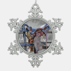 Horse Saddle On Corral Fence Western Snowflake Pewter Christmas Ornament