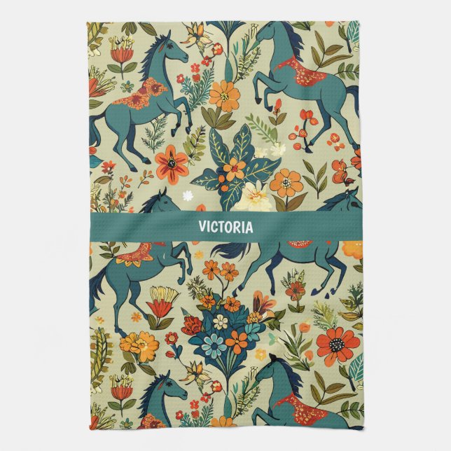 Horse Show Floral Custom Pattern Tea Towel (Vertical)