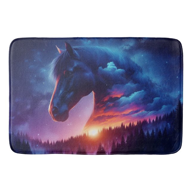 Horse Silhouette in a Sunset Forest Landscape Bath Mat (Front)