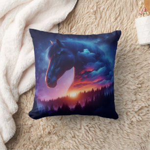 Horse Silhouette in a Sunset Forest Landscape Cushion