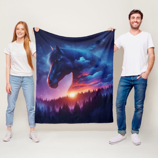 Horse Silhouette in a Sunset Forest Landscape Fleece Blanket (In Situ)
