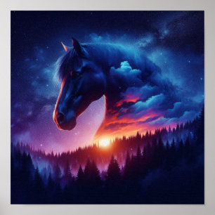 Horse Silhouette in a Sunset Forest Landscape Poster