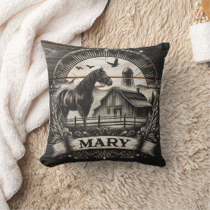 Horse Silhouette Near Barn With Sun Rays and Name Cushion