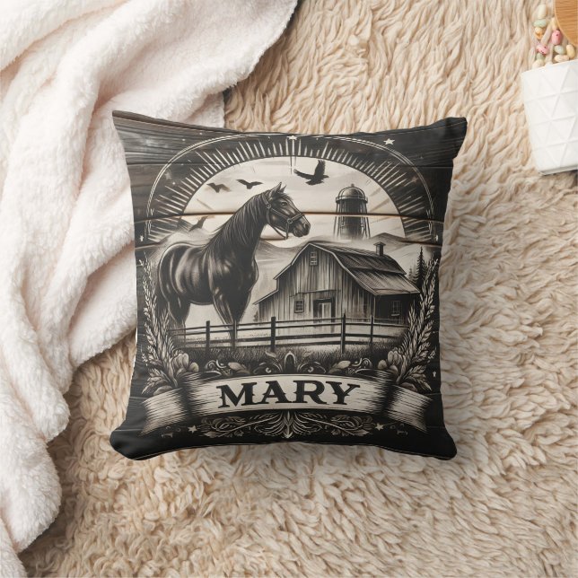 Horse Silhouette Near Barn With Sun Rays and Name Cushion (Blanket)