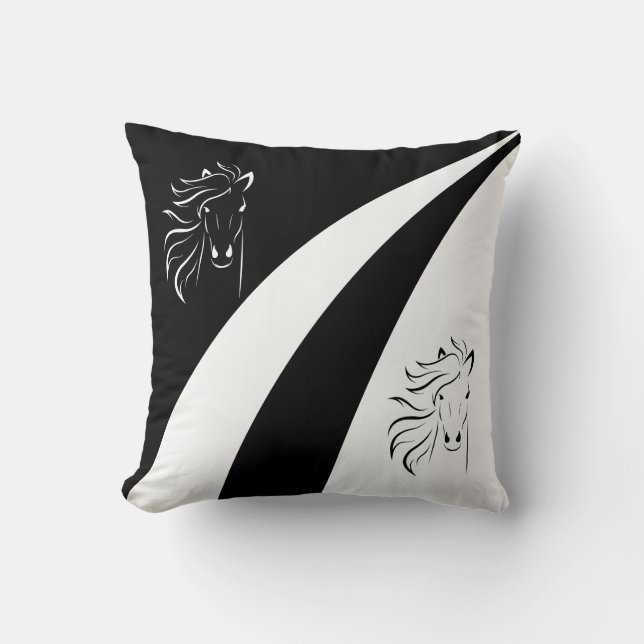 Horse silhouette on abstract black & white waves cushion (Front)