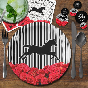 Horse Silhouette Red Roses Black Stripes Derby Paper Plate