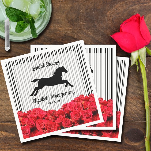 Horse Silhouette Red Roses on Stripes Derby Party Napkin (Creator Uploaded)