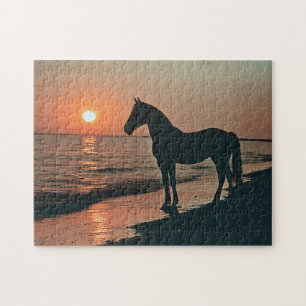 Horse Silhouette Sunset by the Ocean Jigsaw Puzzle