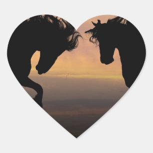 Horse Silhouettes at Sunset Heart Sticker