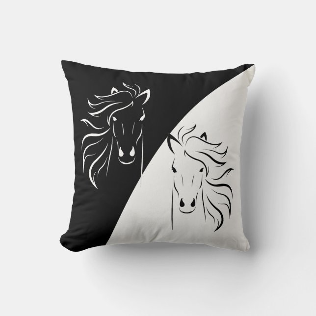 Horse silhouettes on abstract black and white cushion (Front)